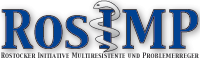 Logo aus blauen Buchstaben Rosimp, Institut für Mikrobiologie der Uniklinik Rostock