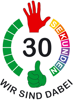 Rundes Logo mit roter und grüner Hand, 30 Sekunden, wir sind dabei