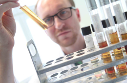 Mann mit Brille betrachtet Reagenzgläser mit Flüssigkeit im Institut für Mikrobiologie der Uniklinik Rostock